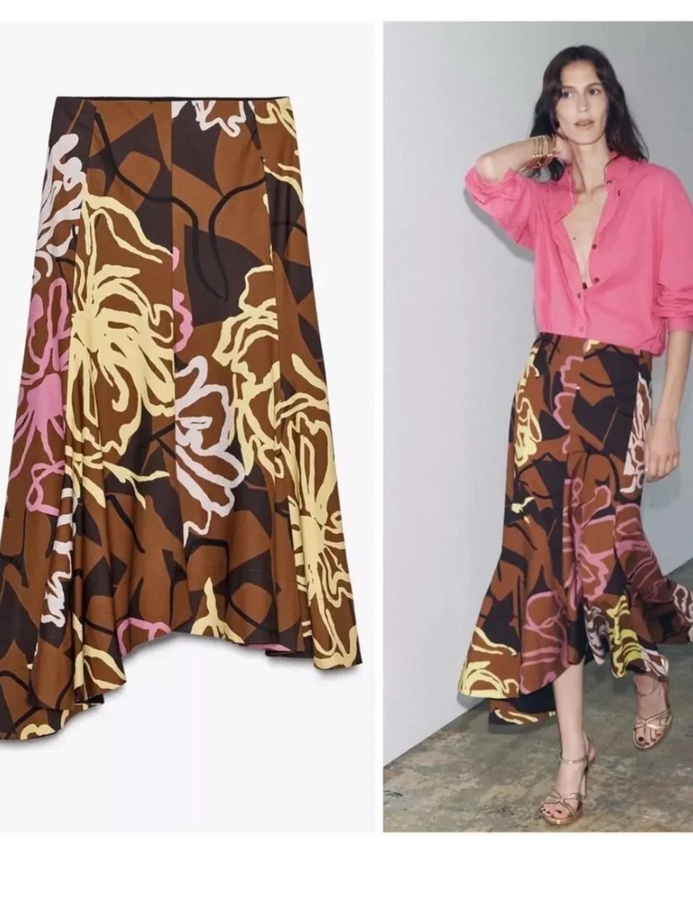 Zara Brown Asymmetrical Floral Midi Skirt with Pink & Cream Accents, S